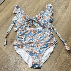 Floral sexy cutout one piece bathing suit with ruffles and adjustable tie back